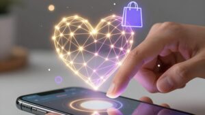 Рука касается голографического интерфейса, отражая тренды автоматизации Instagram-продаж в 2026 году